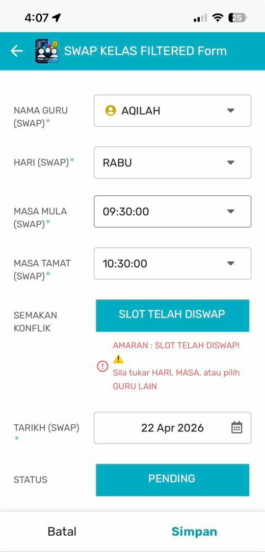 Borang Swap Kelas